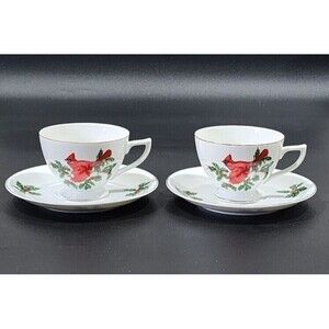 Vintage Lefton China Cardinal 2 Cups and 2 Saucers Christmas Porcelain